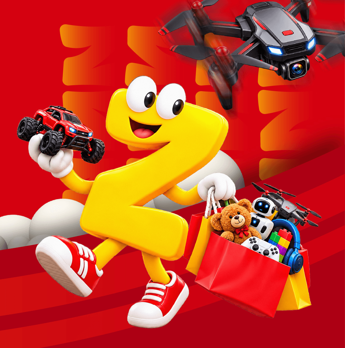Zappy mascot carrying shopping bags full of toys